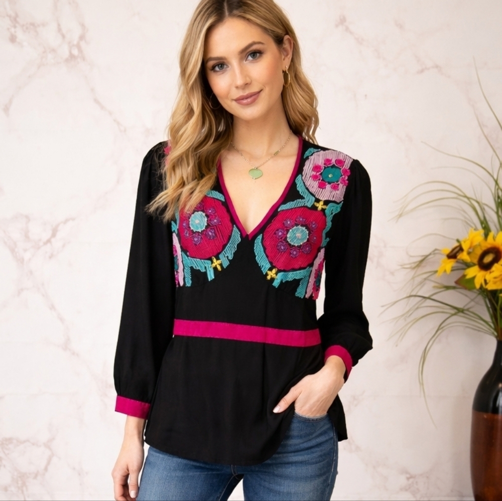 Anthrologie Plenty by Tracy Reese Silk Embroidered Folk Boho Romantic Festival